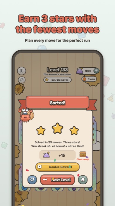 Curio Sort screenshot: Three stars and a win streak bonus
